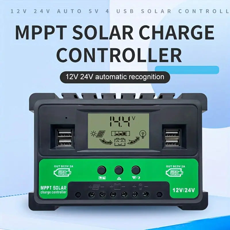 Solar Charge Controller 100A with Dual USB Ports & LCD Display, 12V/24V Voltage