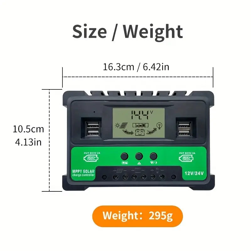 Solar Charge Controller 100A with Dual USB Ports & LCD Display, 12V/24V Voltage